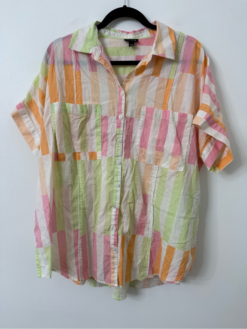 {XL} Torrid Colorblock Striped Button-Up Shirt in Pastel Pink, Green & Orange